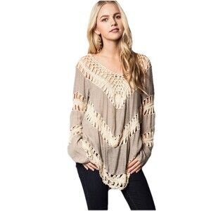 Umgee Mocha Crochet Gypsy Boho Coachella‎ Chic Tunic L
